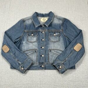 Old Navy Denim Jean Jacket Women Size XXL Y2K Vibe 2006 Collection Leather Elbow
